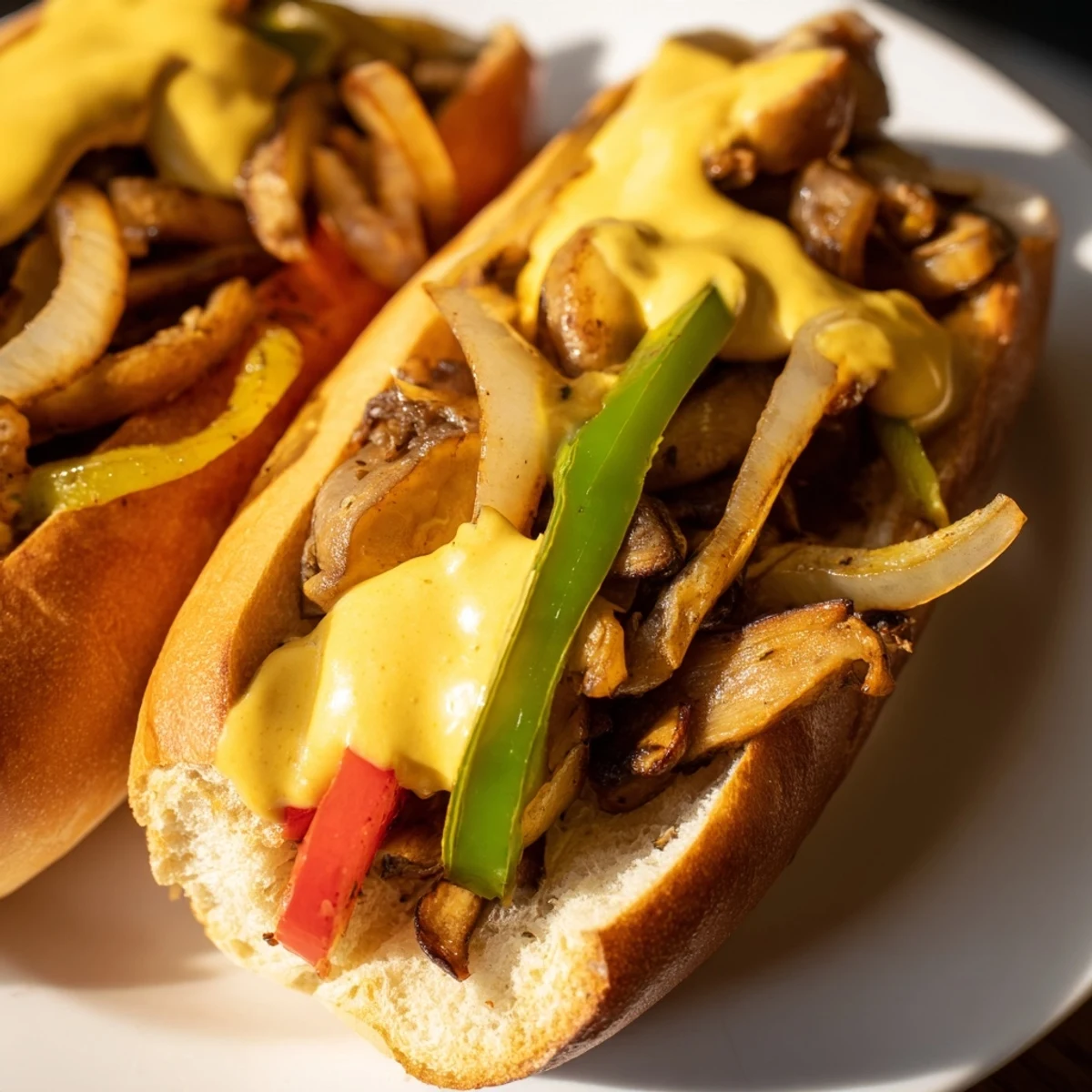 A close-up of a plant-based Philly cheesesteak stuffed with golden-brown mushrooms, peppers, and creamy vegan cheese sauce.