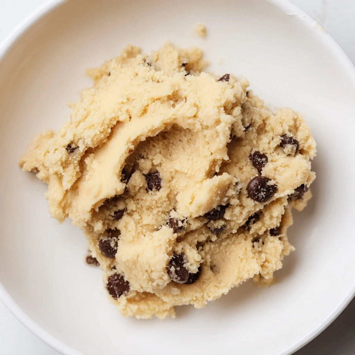A bowl of creamy Edible Keto Cookie Dough with sugar-free chocolate chips, perfect for a low-carb sweet snack.