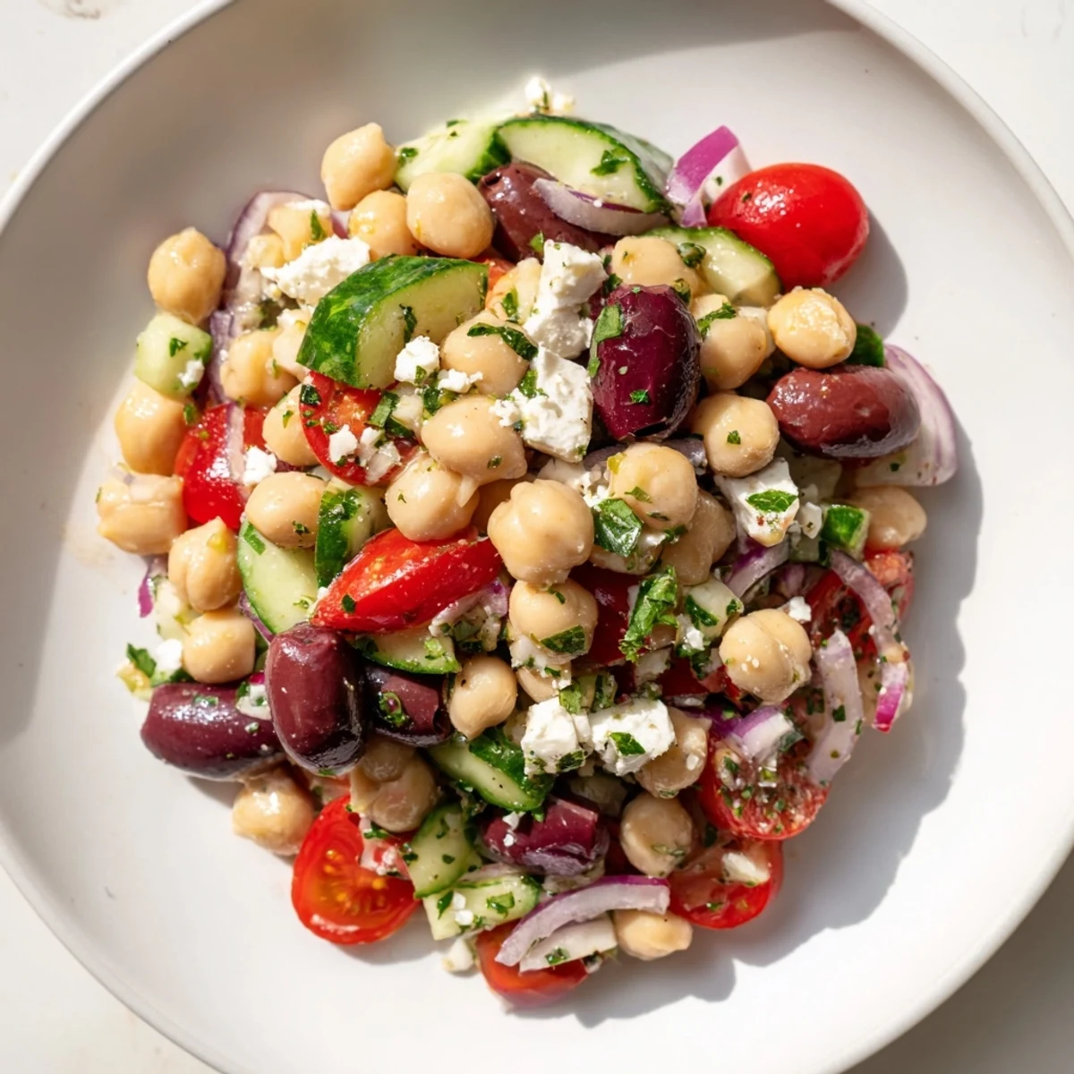 Delicious Mediterranean Dense Bean Salad tossed with olive oil dressing, displayed beside fresh lemon wedges for squeezing.