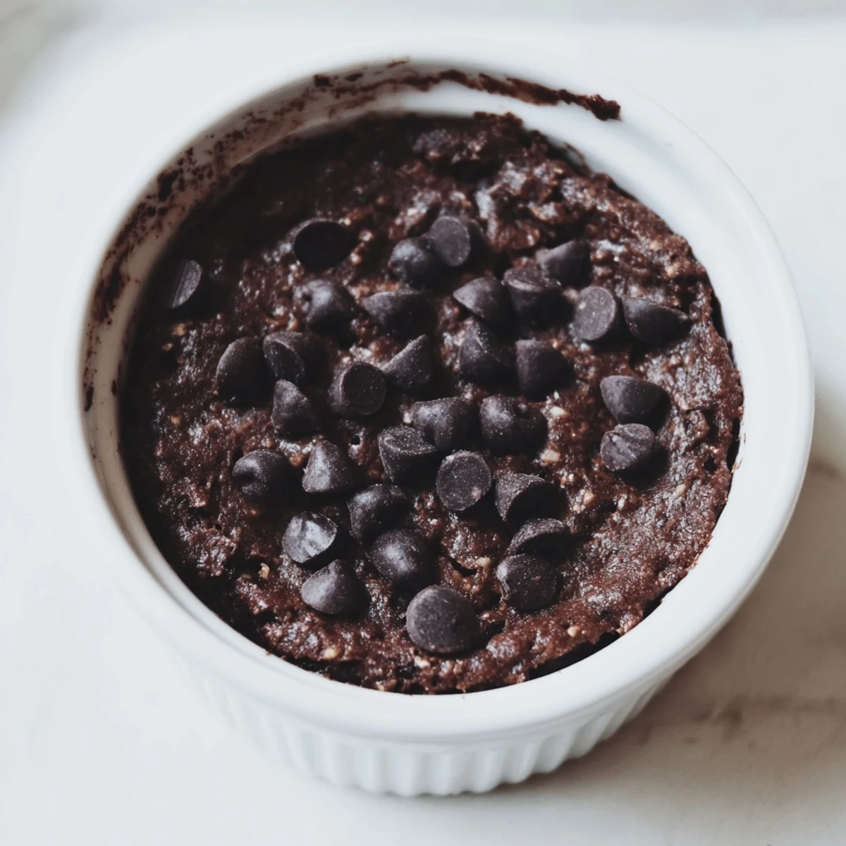 Warm, fudgy Easy Chocolate Baked Oats served in a ramekin with melted chocolate chips on top for a cozy breakfast.