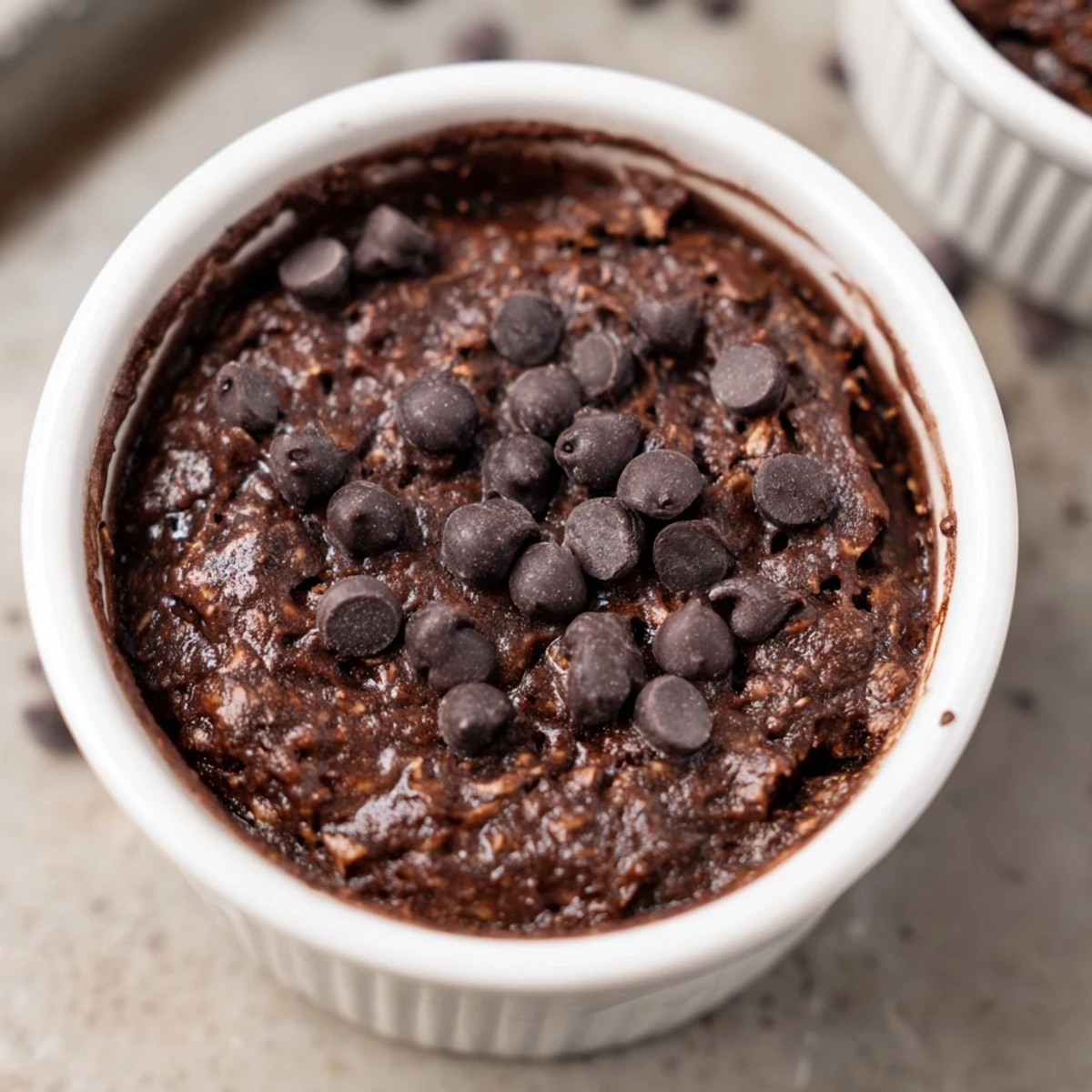 A close-up view of Easy Chocolate Baked Oats with a cracked top and fork ready to scoop out a chocolatey bite.