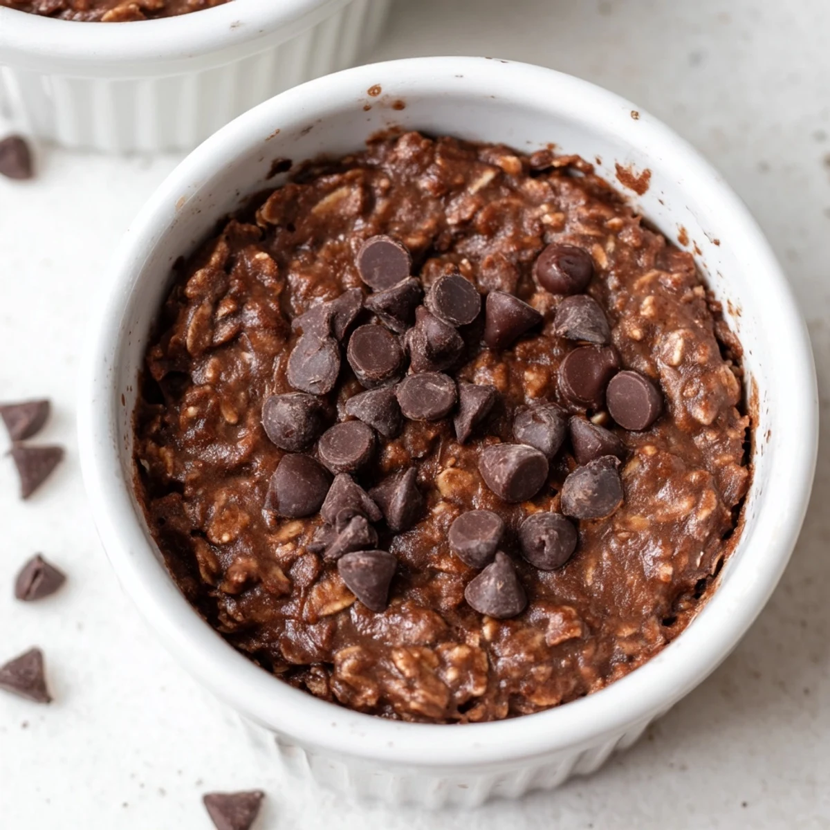 Easy Chocolate Baked Oats in a small baking dish, perfect for sharing with a side of fresh berries and milk.