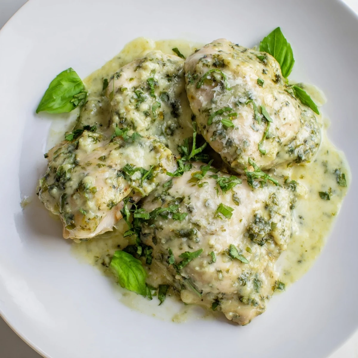 Juicy Pesto Ranch Crock Pot Chicken Thighs served over creamy mashed potatoes with fresh basil garnish.