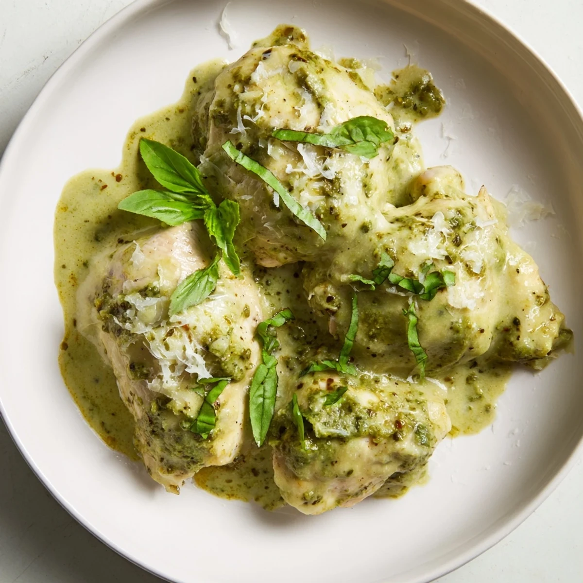 Slow-cooker Pesto Ranch Crock Pot Chicken Thighs on a plate, drizzled with extra creamy sauce.