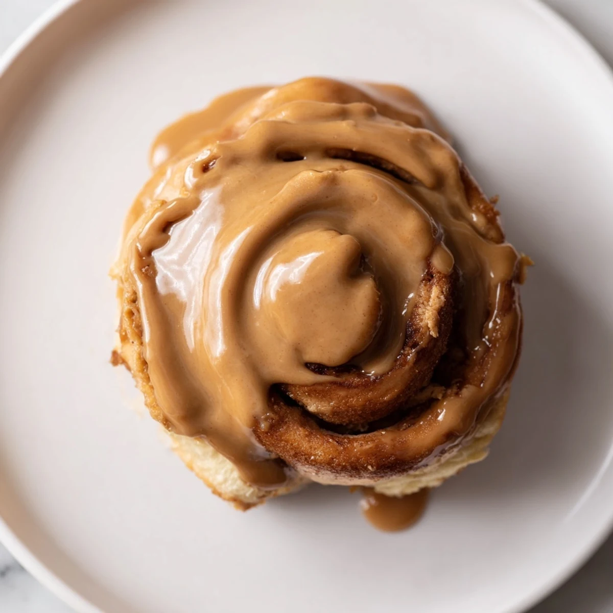 Golden-brown Soft and Gooey Biscoff Cinnamon Rolls sit in a baking dish with a luscious glaze dripping down the sides.