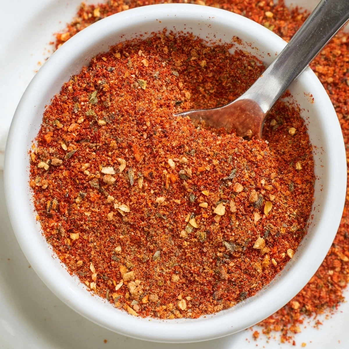 Close-up photo of Easy Homemade Taco Seasoning Mix in a glass jar, paired with tortillas for serving inspiration.