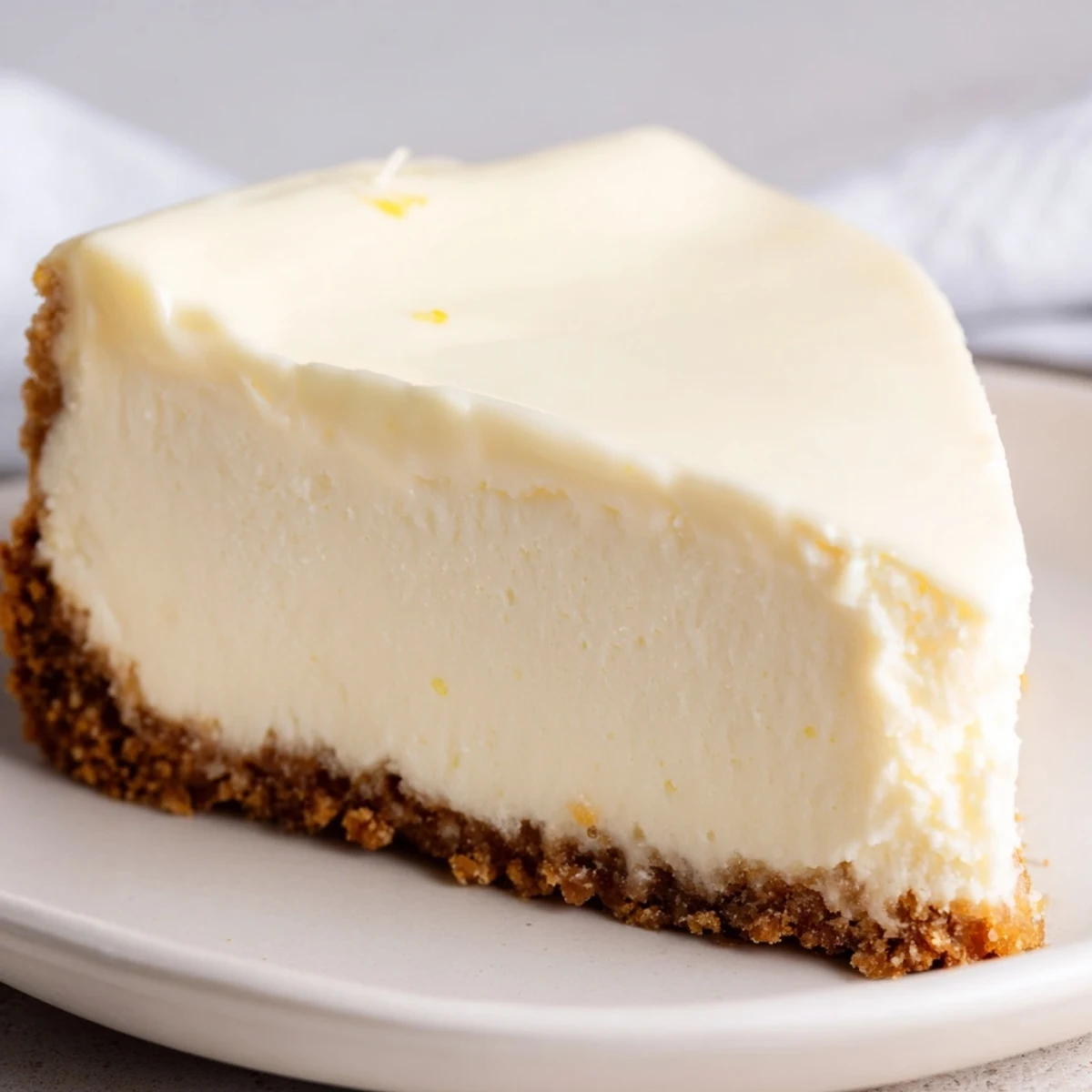 Freshly baked Rich Greek Yogurt Cheesecake on a white plate, showing a creamy, tangy filling with a golden graham cracker crust.