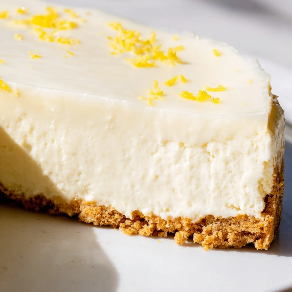 Close-up view of Rich Greek Yogurt Cheesecake, highlighting the smooth, tangy texture and a crisp, buttery biscuit base.