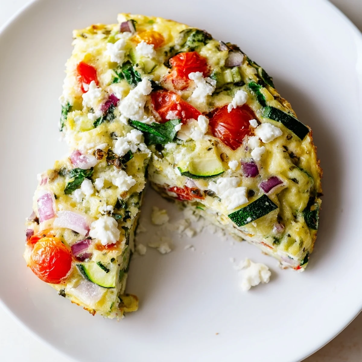 A close-up view of the Veggie Air Fryer Frittata revealing fluffy eggs and melted cheese, steaming slightly on a rustic wooden board.