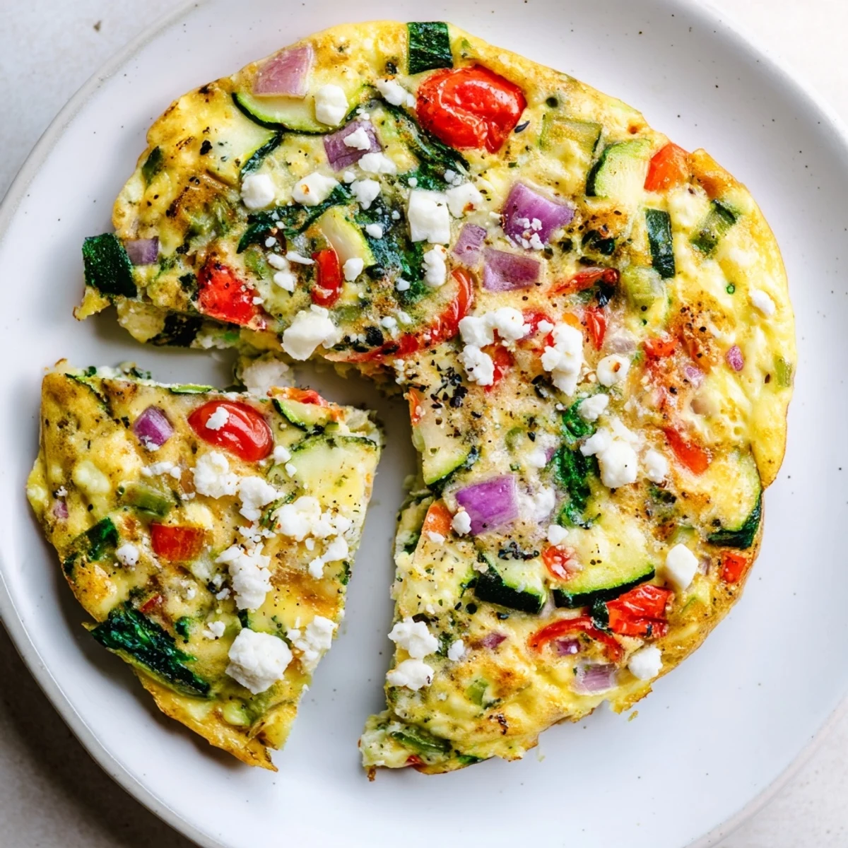 Freshly cooked Veggie Air Fryer Frittata in a round pan, garnished with herbs and set beside sliced avocado and a cup of coffee.