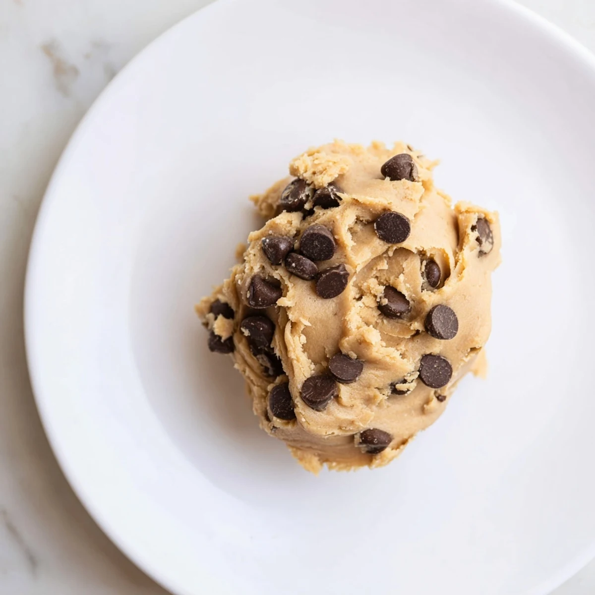 Edible Chocolate Chip Greek Yogurt Cookie Dough portion on a wooden board, surrounded by fresh berries and a glass of milk.