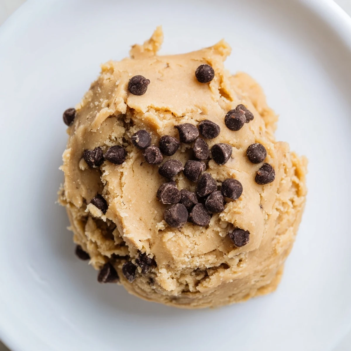 Close-up of creamy Chocolate Chip Greek Yogurt Cookie Dough topped with mini chocolate chips, served in a small glass jar.
