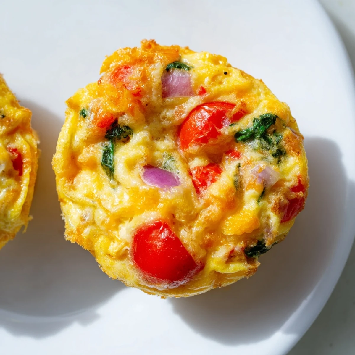 Golden-brown Best Frittata Egg Muffins baked in a muffin tin, showcasing fluffy texture with visible chunks of red pepper and spinach.
