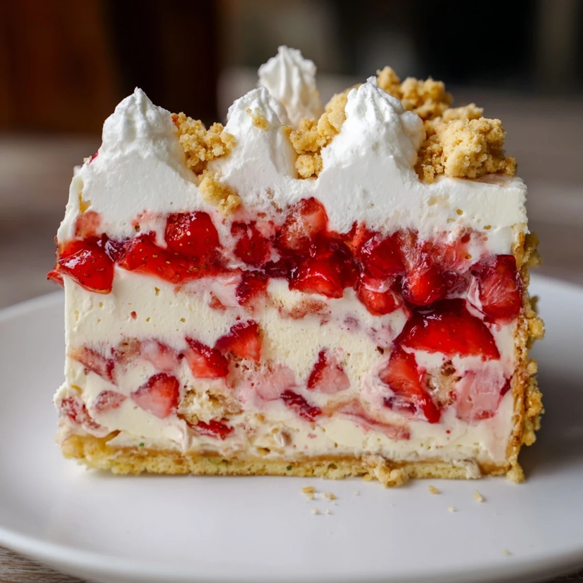A slice of Easy Strawberry Shortcake Ice Cream Cake shows creamy vanilla layers and a strawberry filling on a plate.