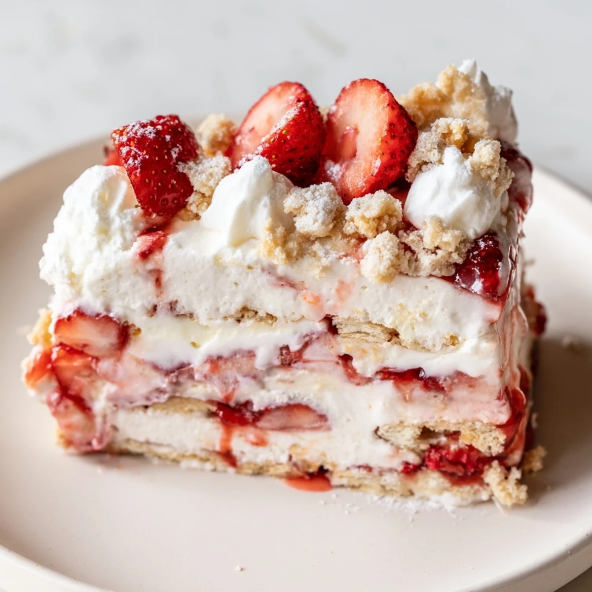 Easy Strawberry Shortcake Ice Cream Cake is topped with fluffy whipped cream and fresh strawberry garnish on a marble counter.