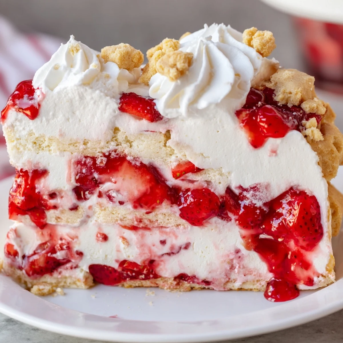 This no-bake Easy Strawberry Shortcake Ice Cream Cake reveals a crunchy cookie crumble crust beside a serving fork and dessert plate.
