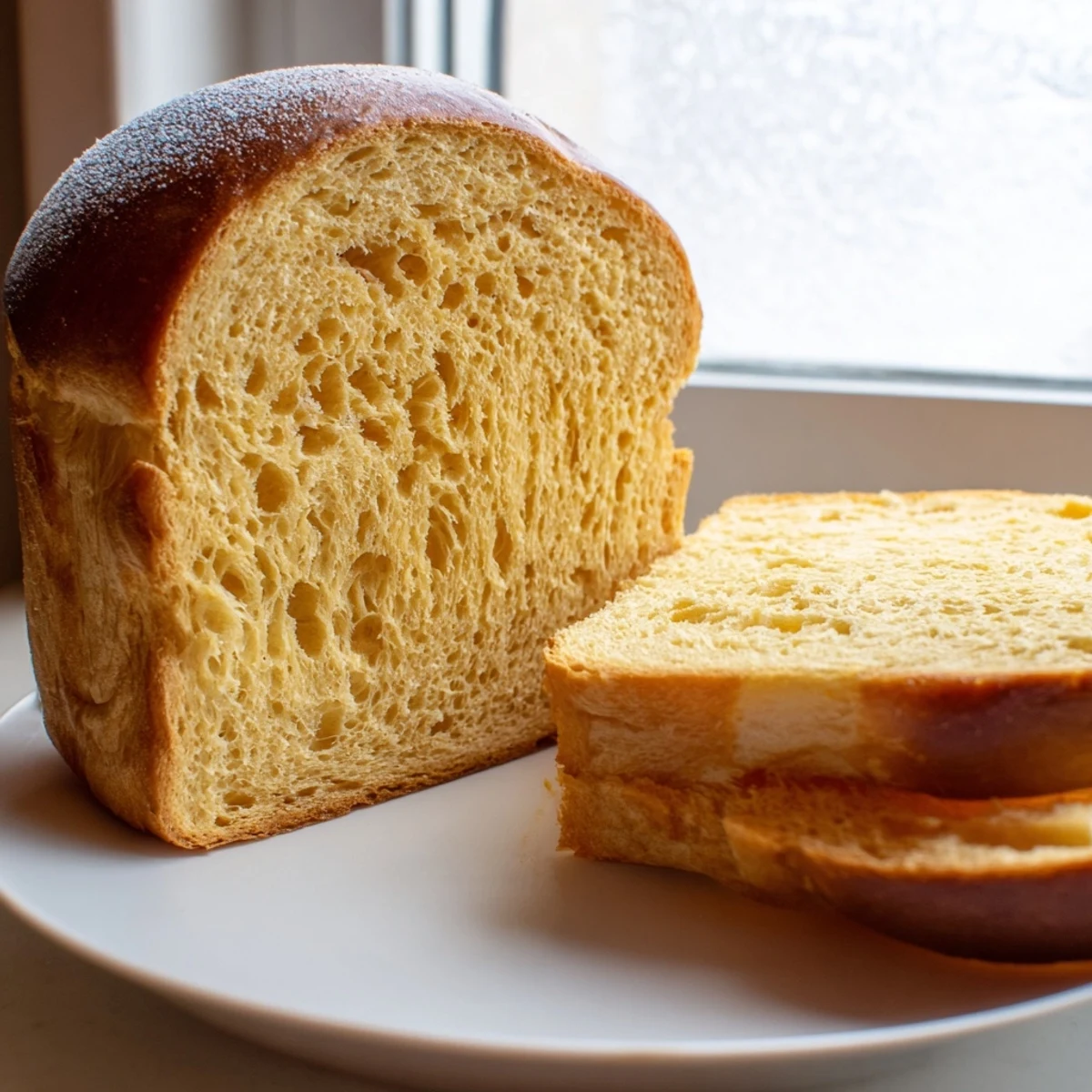 Freshly baked Milk Brioche sits on a wooden cutting board, showcasing its golden crust and soft, buttery interior.