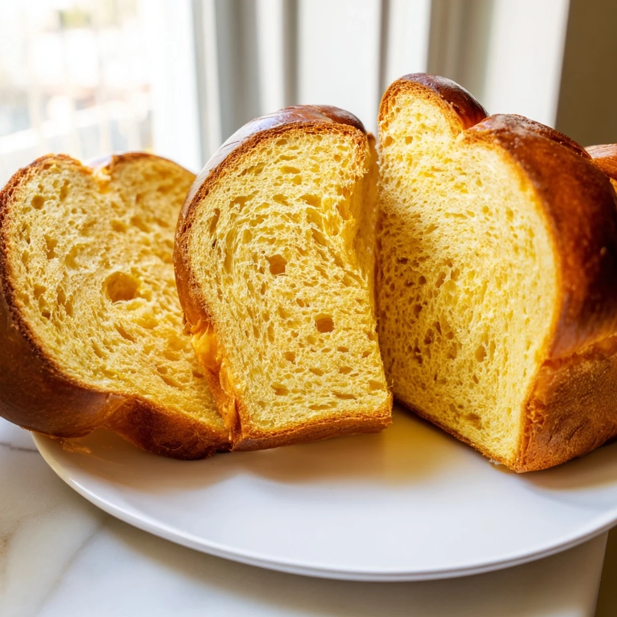 Close-up of a sliced Milk Brioche revealing a tender, pillowy crumb, perfect for French toast or an indulgent snack.