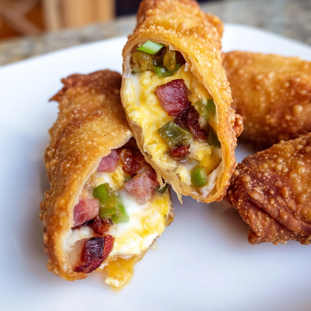 Golden brown Bacon Jalapeno Popper Eggrolls rest on a cooling rack with steam rising.