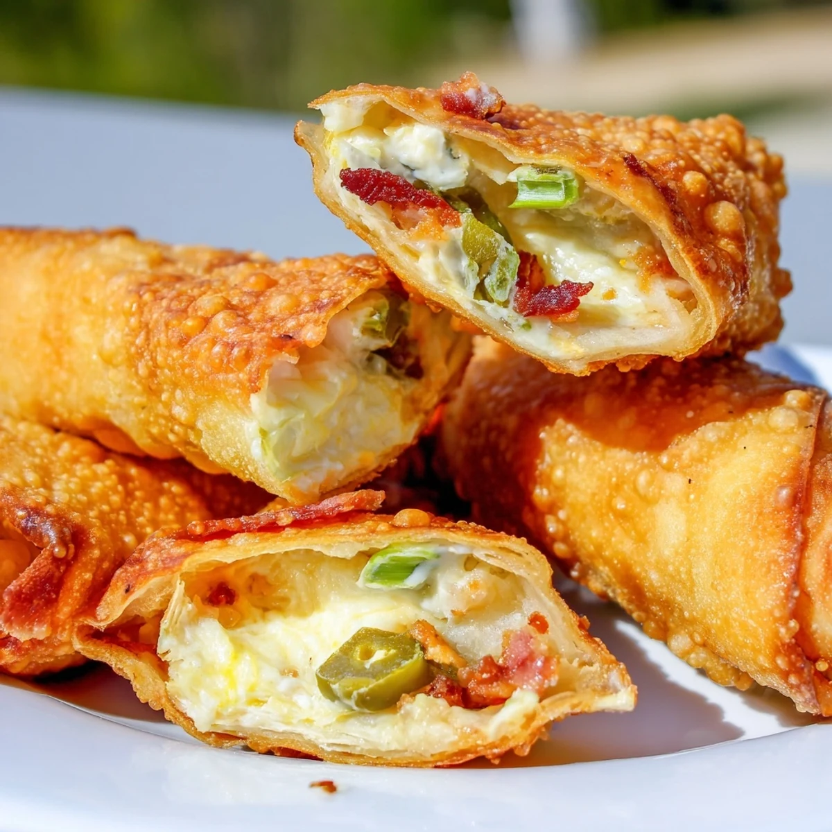 Creamy cheese, smoky bacon, and spicy jalapeños peek out of the crispy wrappers.