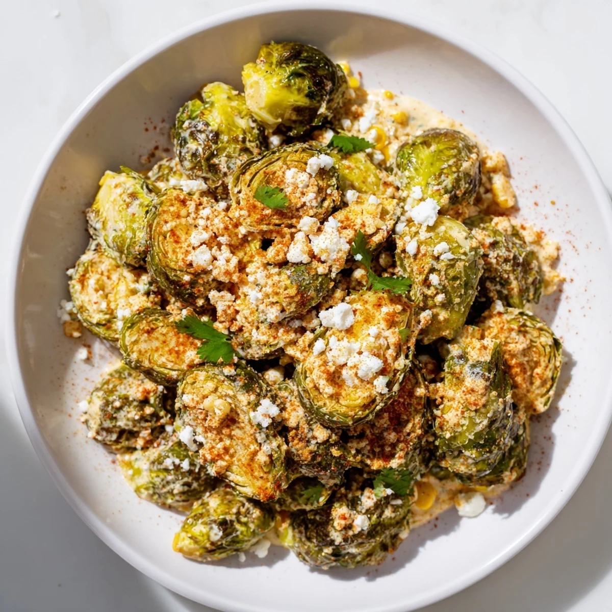A close view of golden Brussels sprouts and charred corn for Mexican Street Corn Brussels Sprouts Delight with chili powder and cilantro.