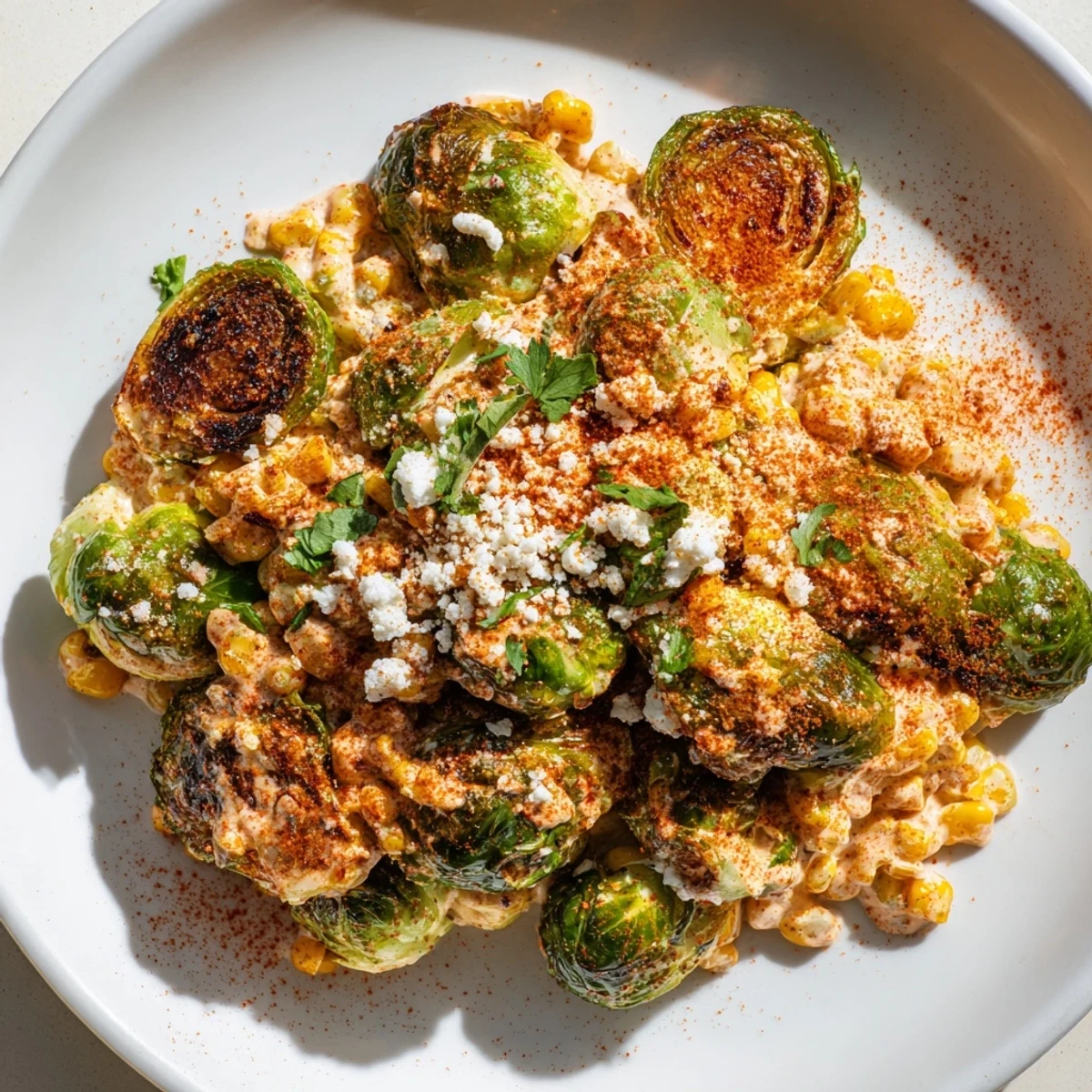 Serving suggestion for Mexican Street Corn Brussels Sprouts Delight, roasted vegetables tossed with creamy lime sauce and cheese.