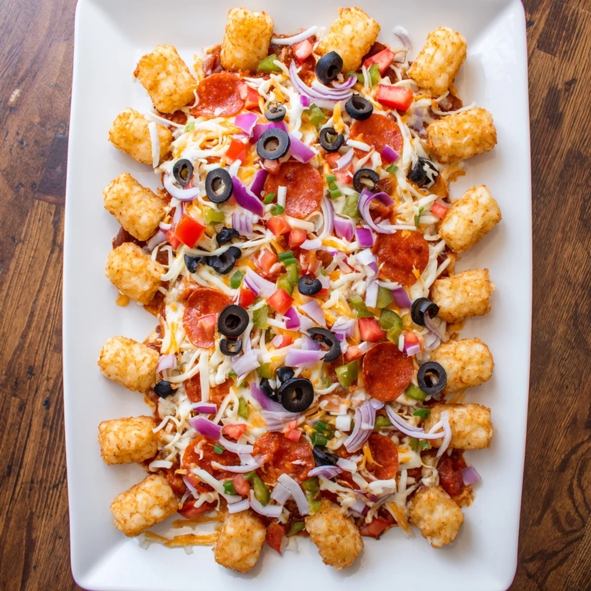 Golden brown crispy tater tots topped with melty mozzarella, pepperoni, and vibrant bell peppers in the Cheesy Pizza Tot Casserole, fresh from the oven.  