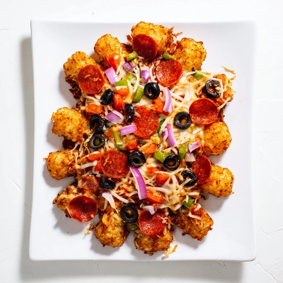 A close-up view of the bubbling Cheesy Pizza Tot Casserole featuring a hearty layer of pizza sauce, black olives, and golden cheese.  