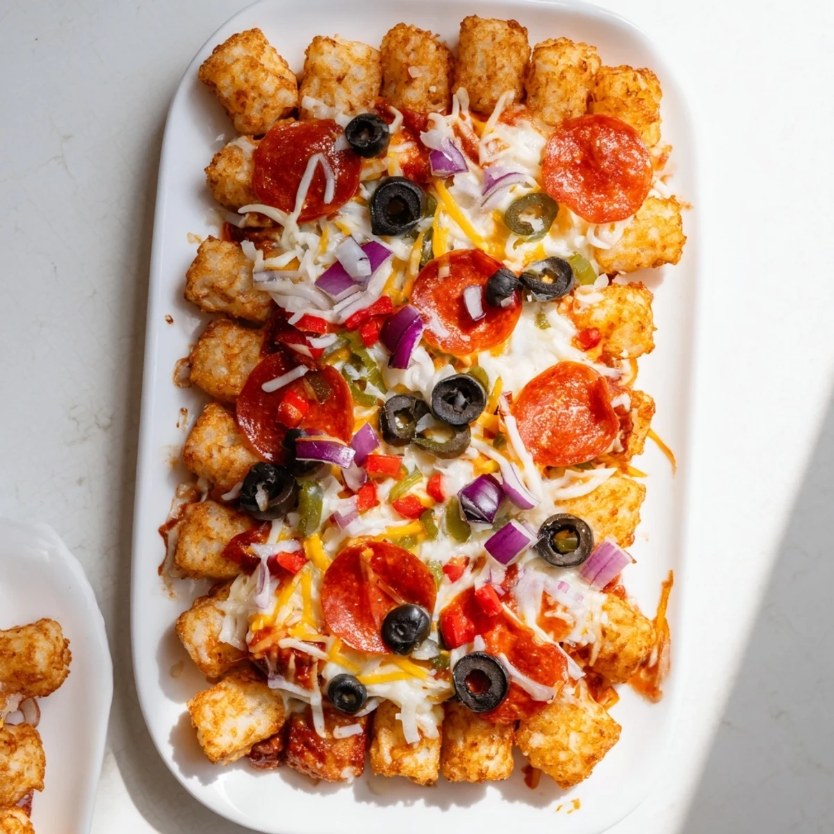 Sliced pepperoni and diced red onion add savory flavor to the Cheesy Pizza Tot Casserole, served hot on a rustic wooden table.