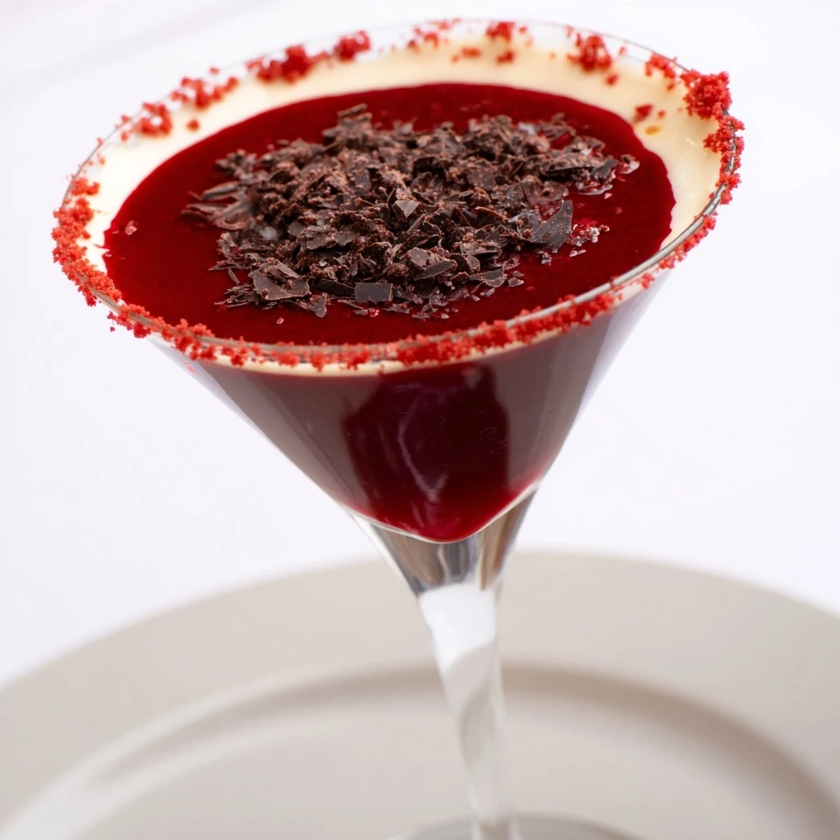 Two elegant Decadent Red Velvet Martini cocktails garnished with red velvet crumbs and white chocolate swirls.