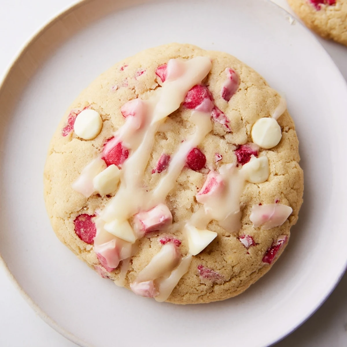 Overhead view of Irresistible Maraschino Cherry Cookies on a cooling rack with a bowl of cherries, highlighting their vibrant pink color.