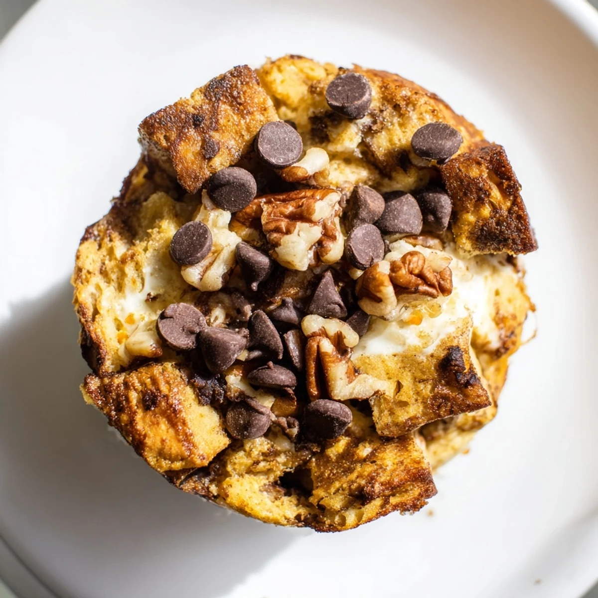 Golden-brown Protein French Toast Muffins studded with chocolate chips and fresh berries on a wire rack.