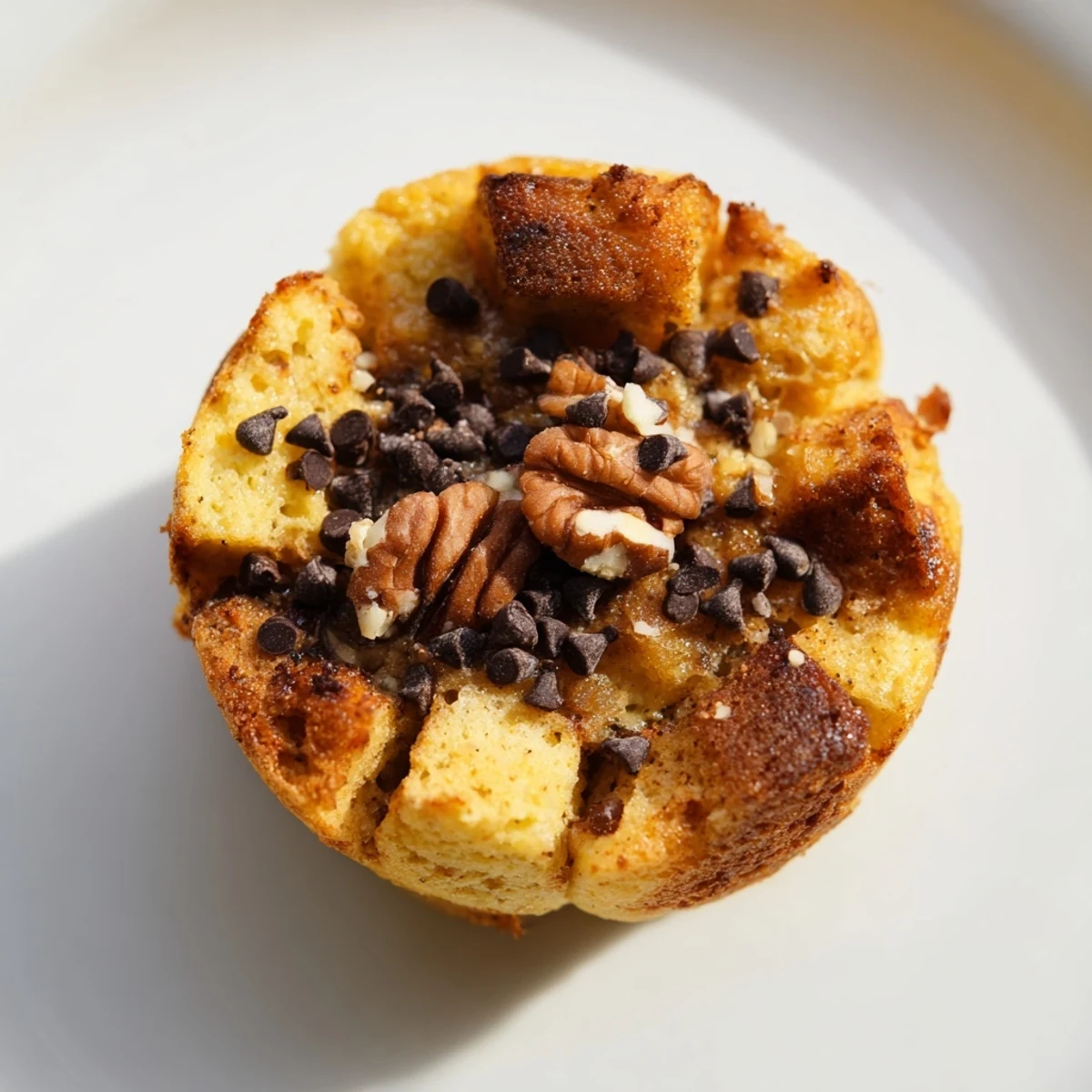 Freshly baked Protein French Toast Muffins topped with pecans and maple syrup on a wooden board.