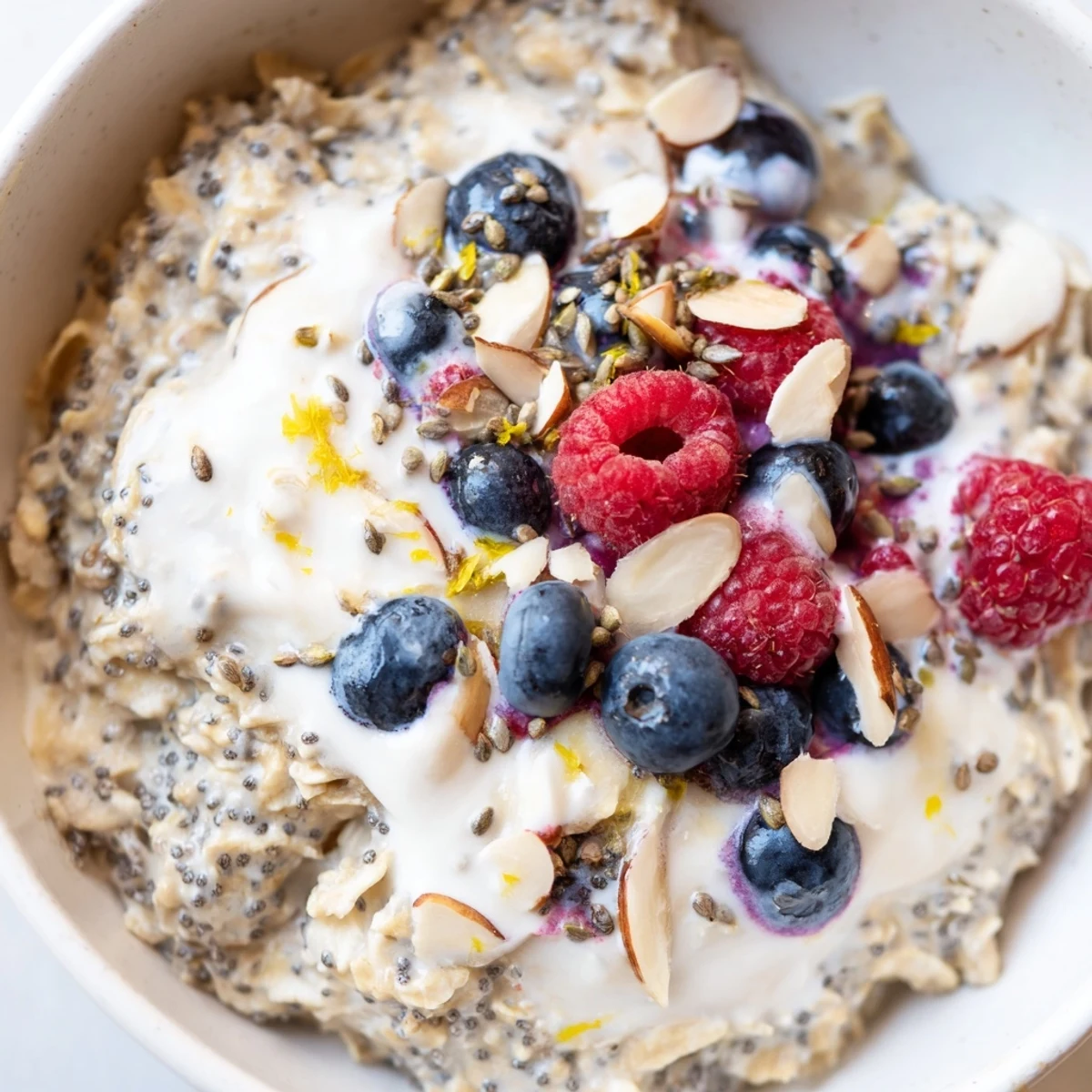 Vibrant Vegan Lemon Poppy Seed Overnight Oats chilled in a bowl with lemon zest and plant milk.