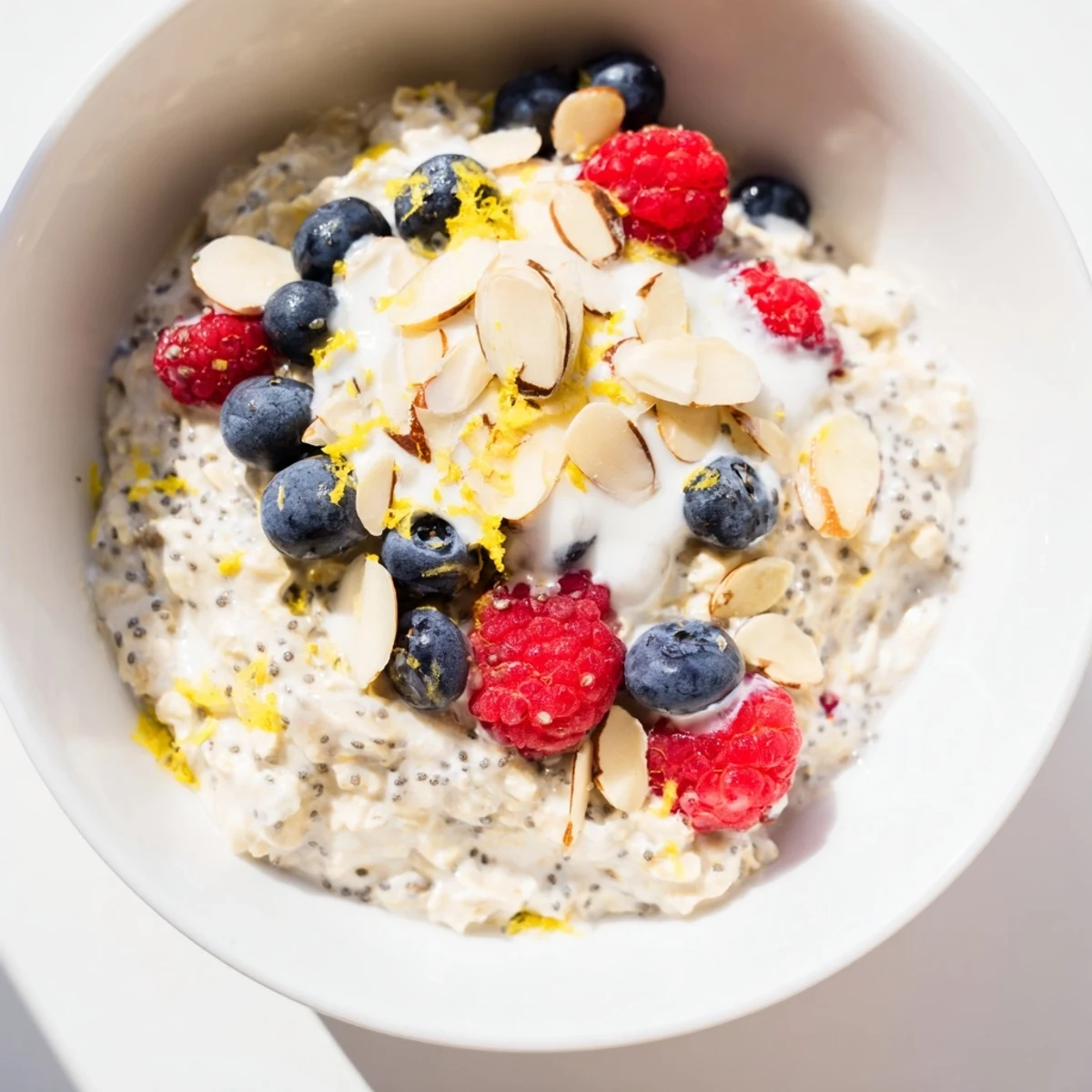 Creamy Vegan Lemon Poppy Seed Overnight Oats topped with fresh berries and sliced almonds in a glass jar.