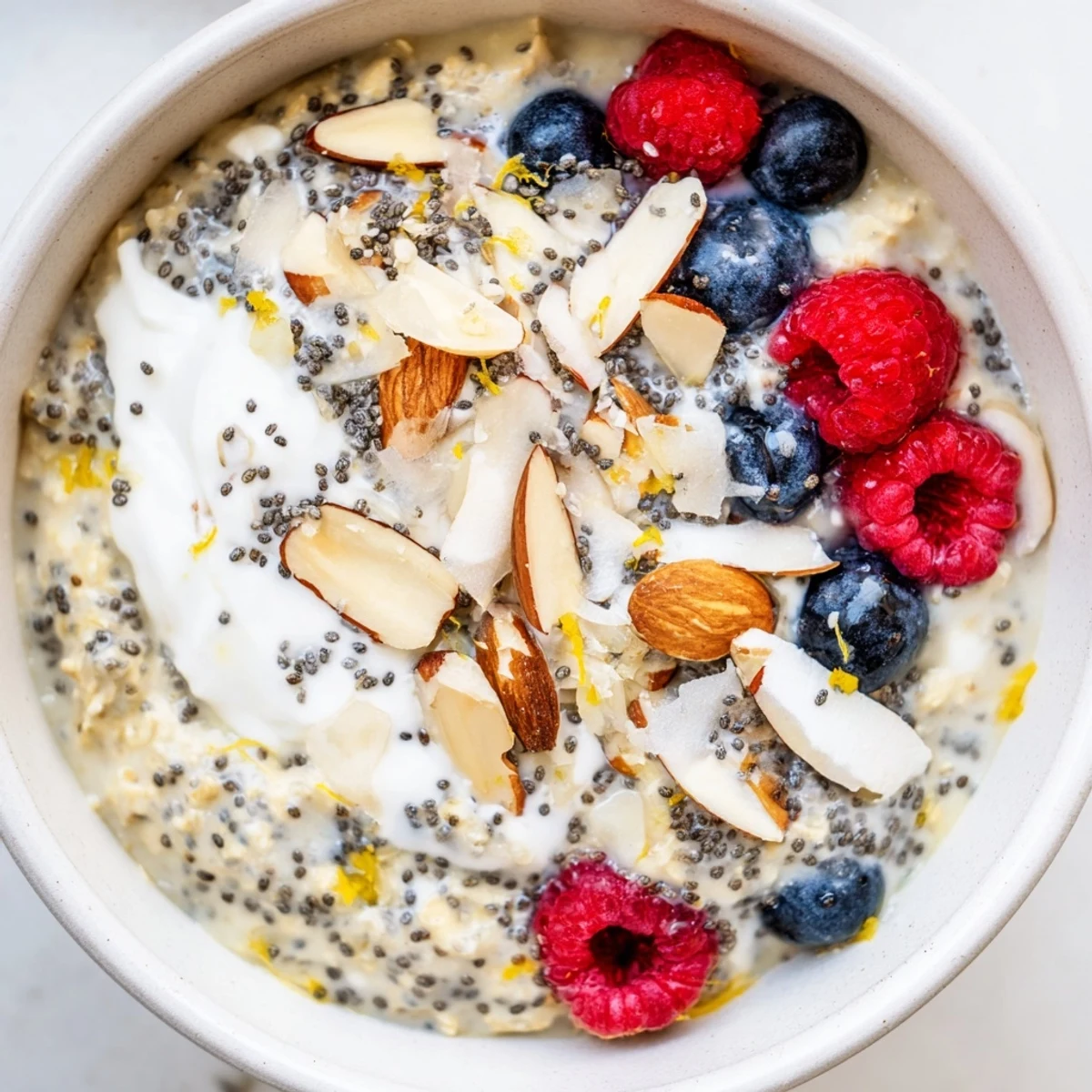 Delicious Vegan Lemon Poppy Seed Overnight Oats garnished with coconut yogurt and ready to enjoy for breakfast.