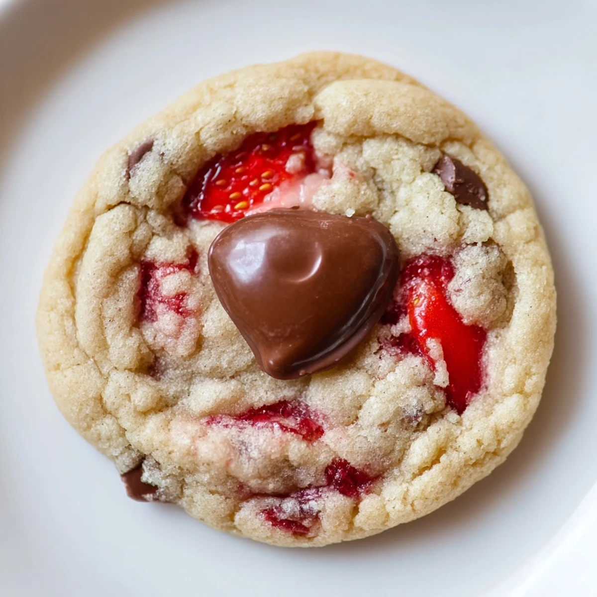 Freshly baked Strawberry Kiss Cookies on a cooling rack with a chocolate kiss in the center.