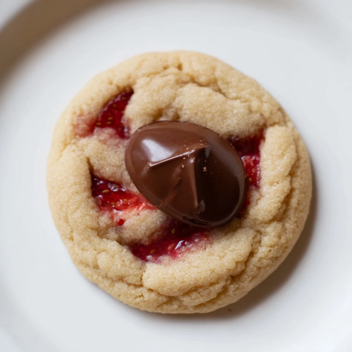 A plate of Strawberry Kiss Cookies features soft pink hues and a shiny chocolate topping.