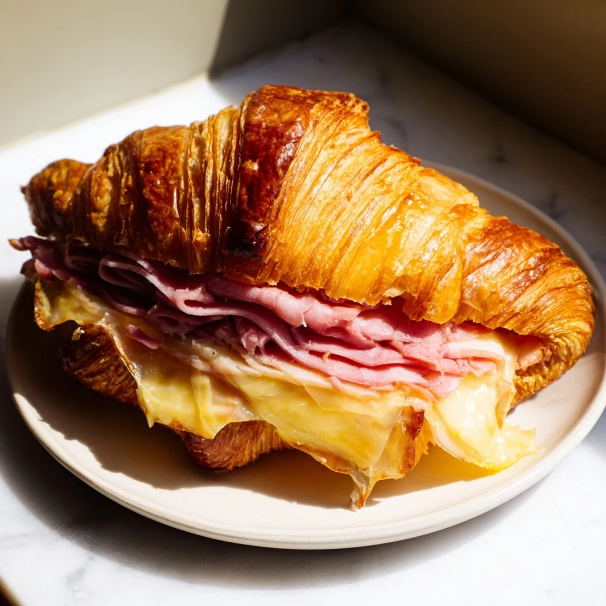 Golden, flaky Easy Air Fryer Beef Ham Cheese Croissants fresh from the air fryer basket.