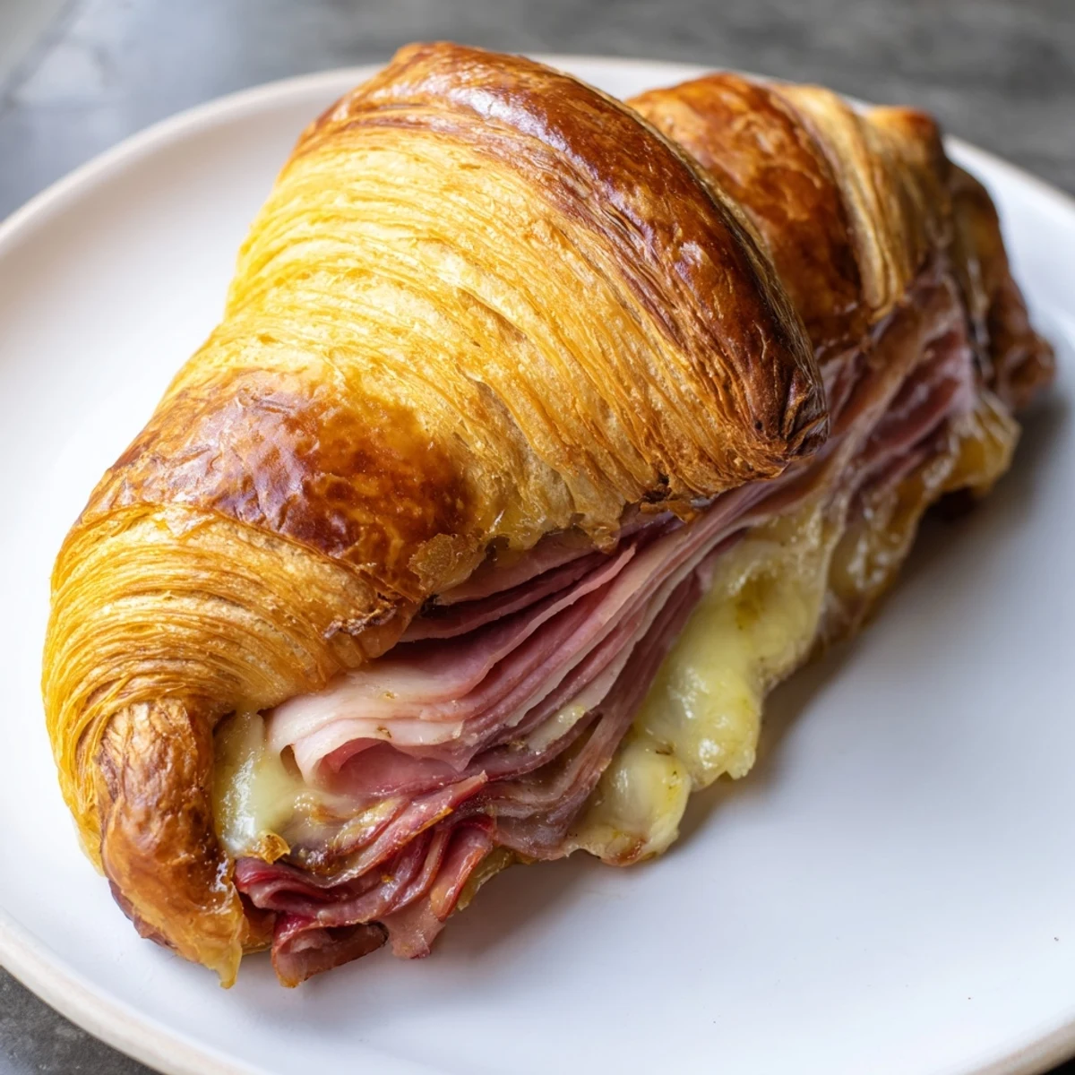 Serving suggestion for Easy Air Fryer Beef Ham Cheese Croissants with Dijon mustard dip.