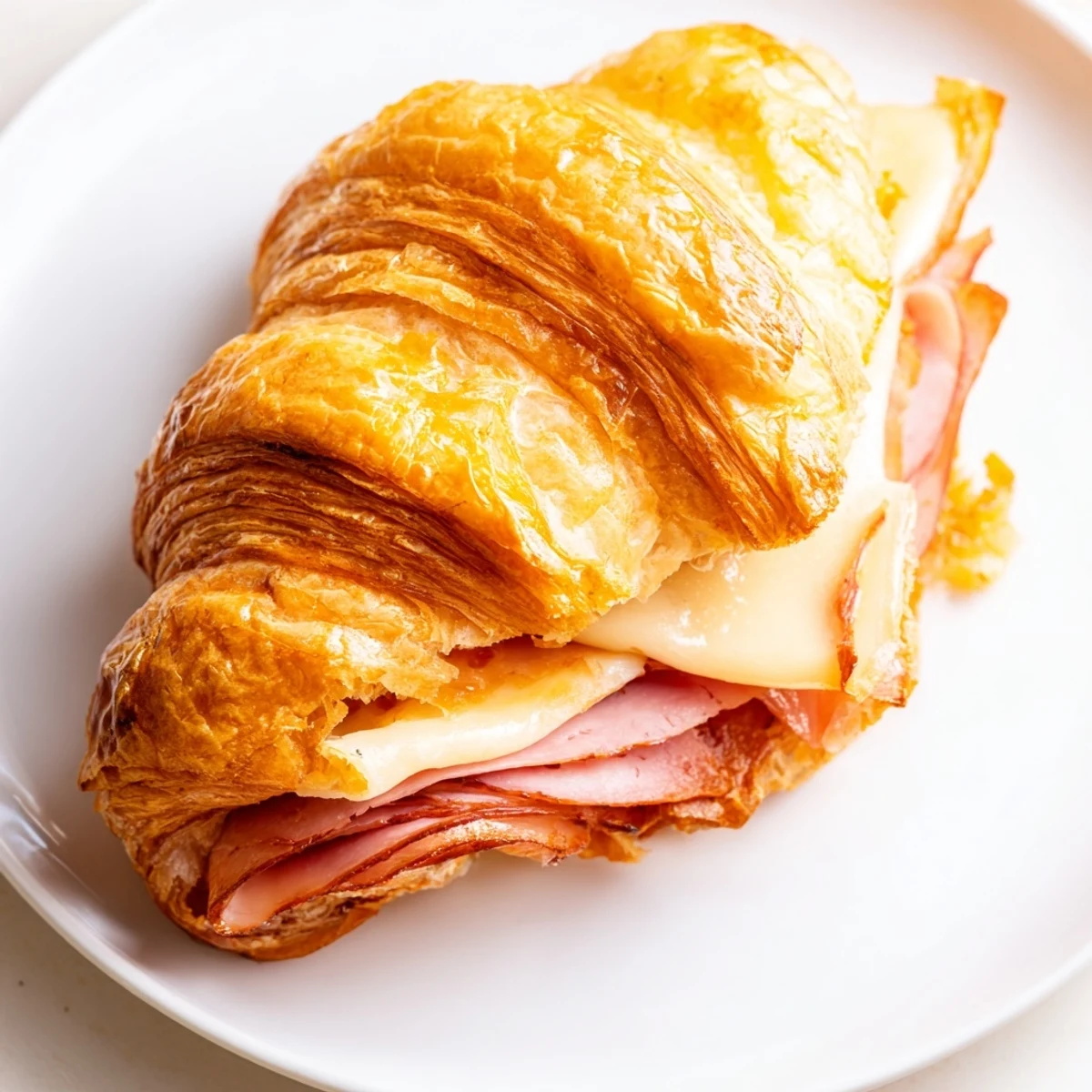 Warm melted cheese oozes from the savory beef and ham filled pastry on plate.