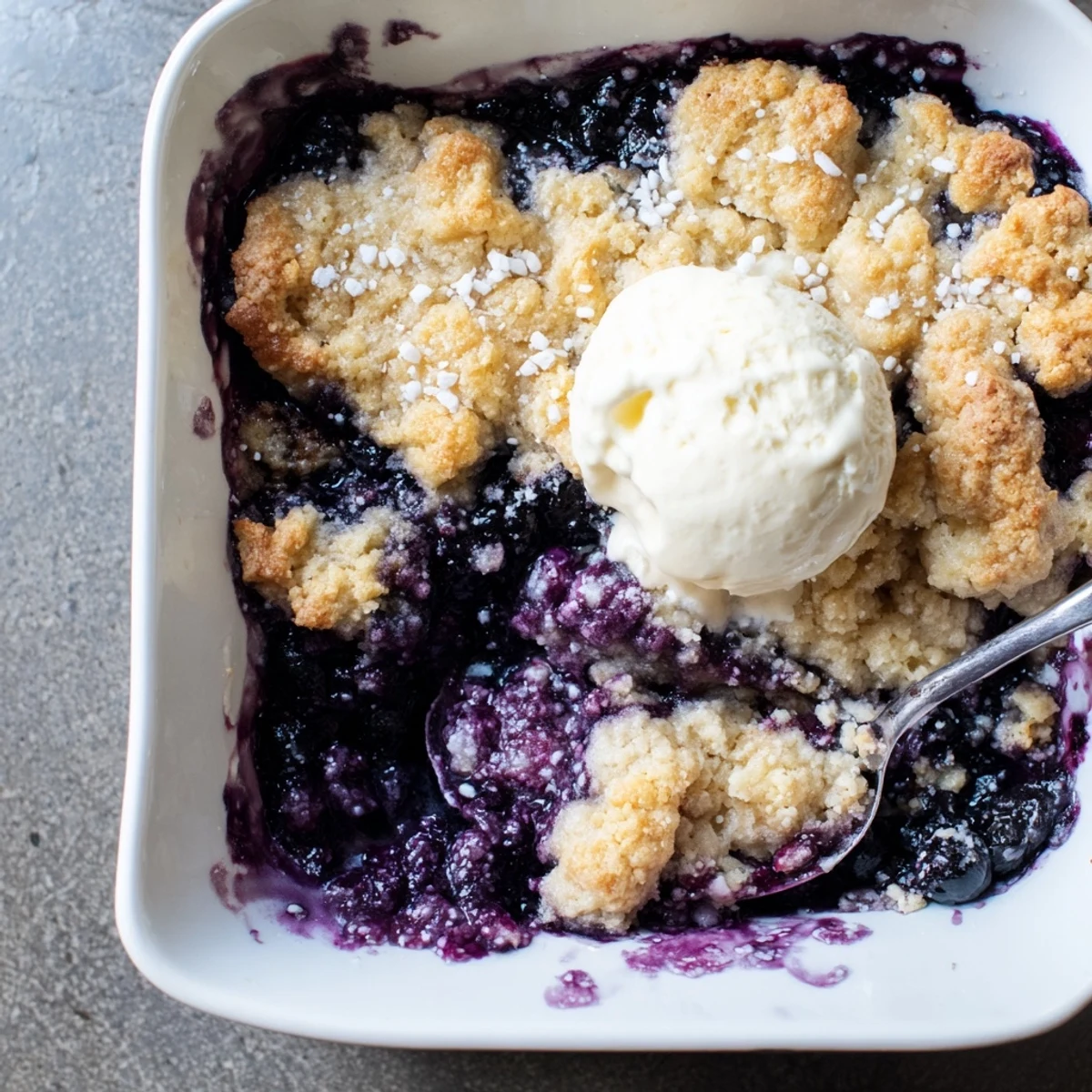 A warm serving of Moist Blueberry Cobbler With Frozen Berries pairs perfectly with melting vanilla ice cream on top.