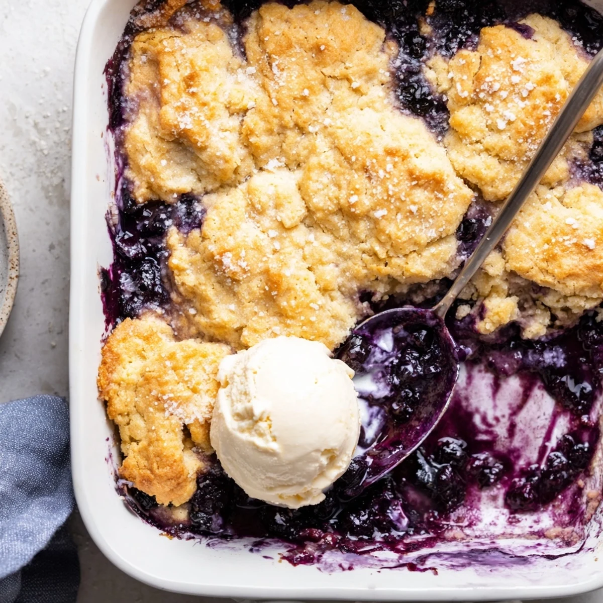 This easy American cobbler features a tender, buttery crust and sweet, cinnamon-spiced blueberries straight from the oven.