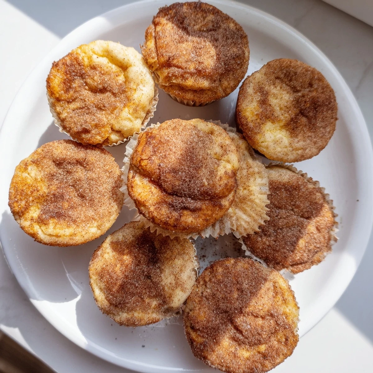 Golden-brown Cinnamon Sugar French Toast Muffins sit on a wooden board, brushed with butter and dusted with sparkling sugar for a sweet morning treat.  