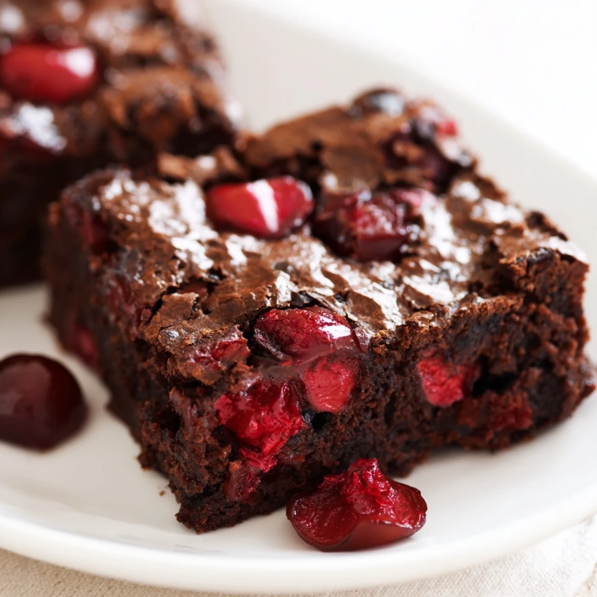 Close-up of fudgy Roasted Cherry Brownies topped with glistening roasted cherries.
