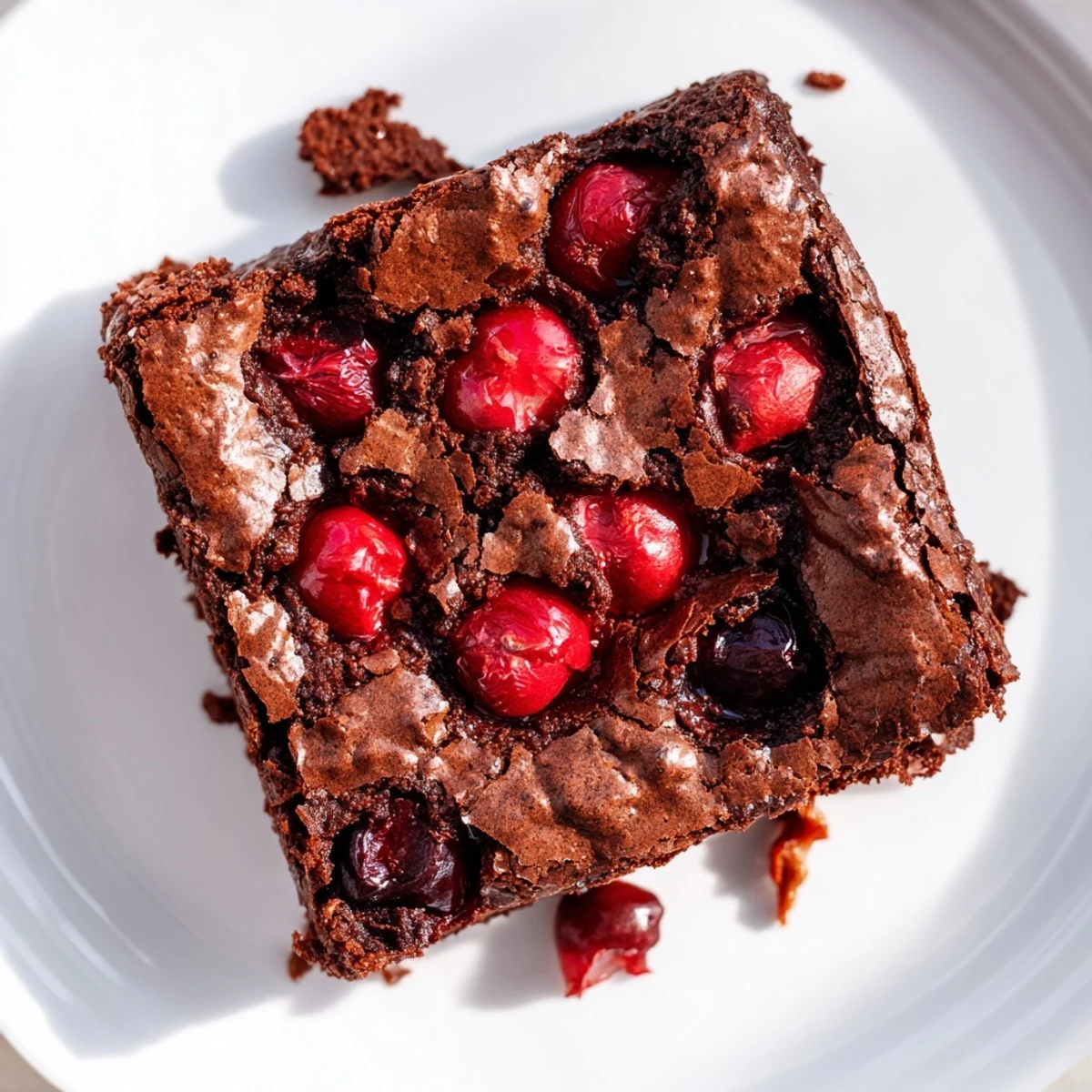 Warm slice of Roasted Cherry Brownies served with vanilla ice cream.
