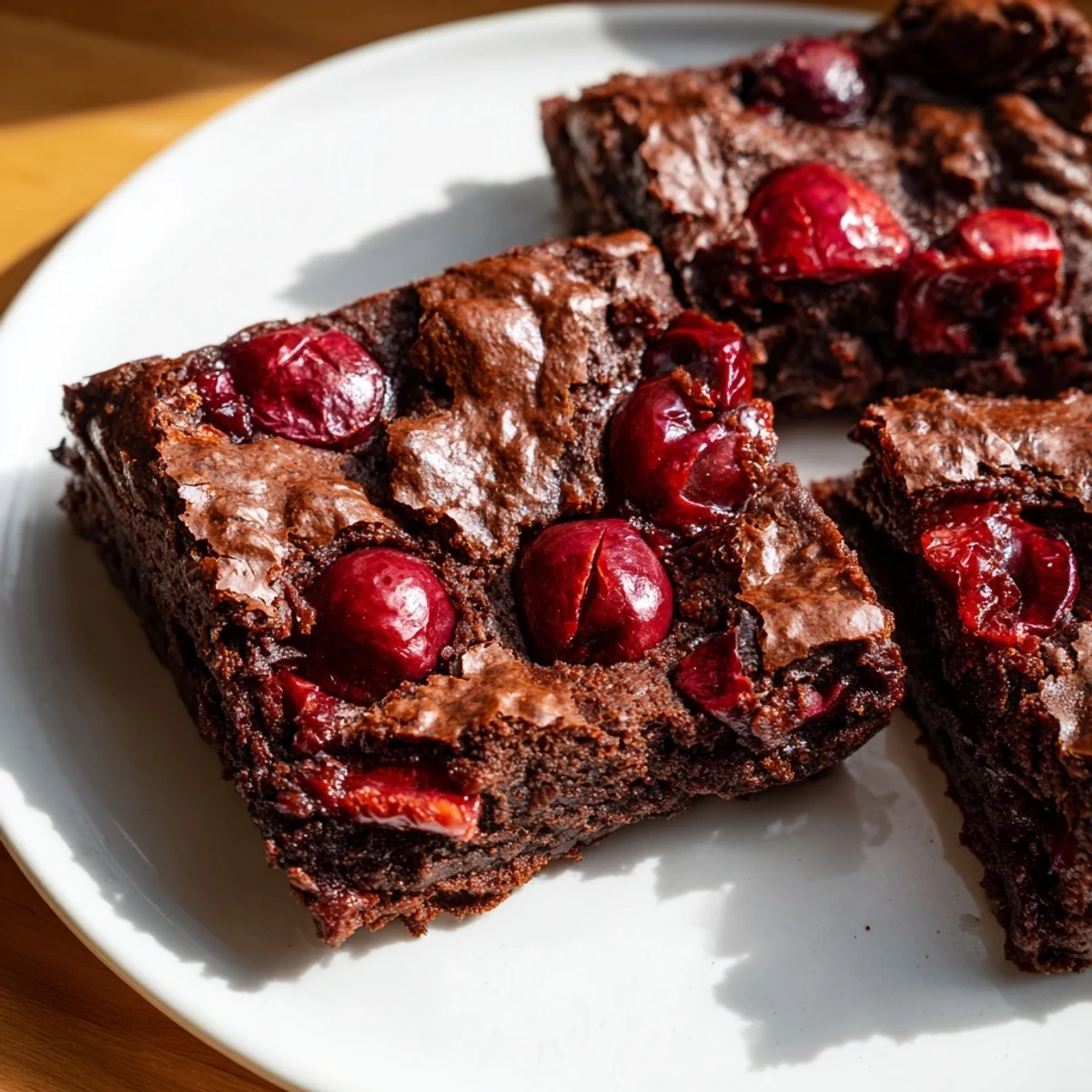 A batch of Roasted Cherry Brownies stacked on a rustic wooden board.