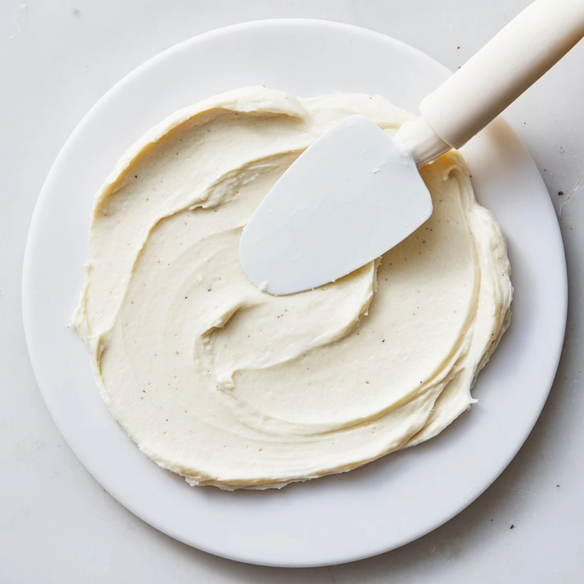 The Easy Sugar Cookie Frosting is being piped onto a tray of freshly baked cookies, creating decorative swirls.  
