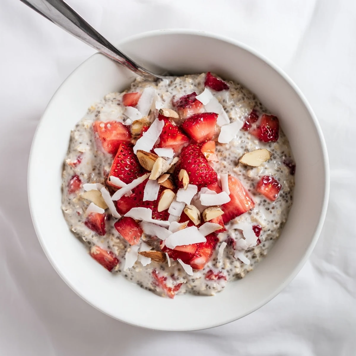 A jar of Strawberry Overnight Oats topped with fresh berries and sliced almonds, a creamy make-ahead breakfast.