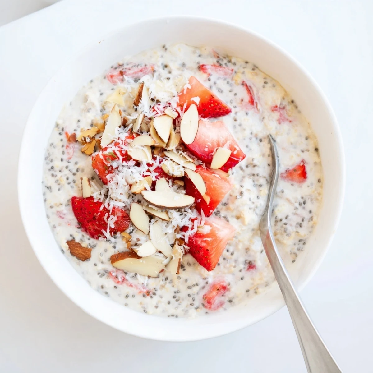 Visual of Strawberry Overnight Oats layered with diced strawberries and yogurt, a healthy American breakfast idea.